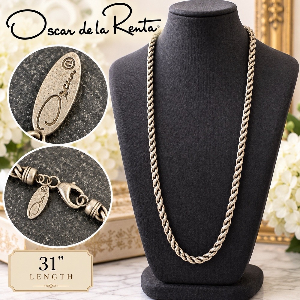 Vintage Oscar de la Renta Signed Silver Tone Twisted Rope Chain Necklace 31"